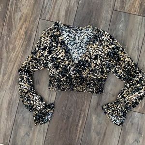 Smocked long sleeve cropped shirt